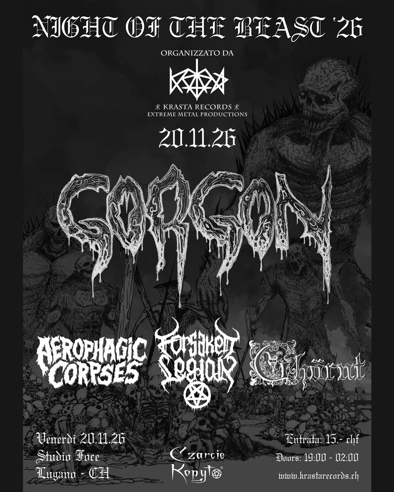 Night of the Beast '26 poster: Gorgon, Aerophagic Corpses, Forsaken Legion and Ghörnt, Friday 20.11.26 at Studio Foce, Lugano. Entry CHF 15, doors 19:00–02:00.